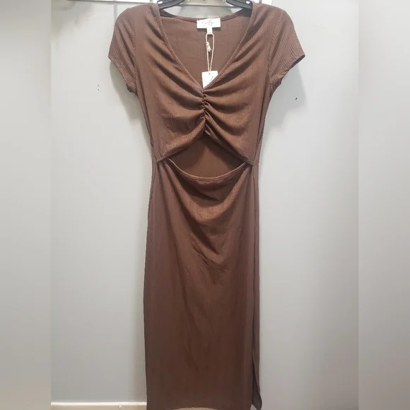 Jessica Simpson NWT Chocolate Brown Ruched Cutout Dress, Large